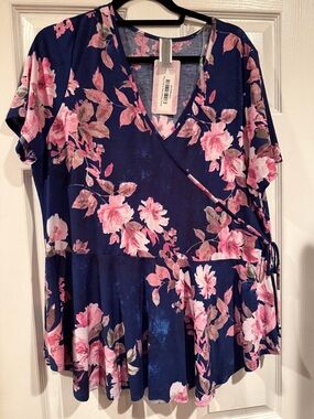 Honeyme Navy & Pink Floral Wrap Peplum Tunic